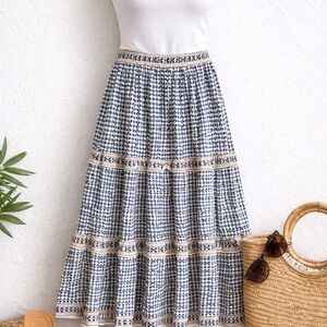 Max Studio London Tiered Midi Skirt Blue Cream Boho Small